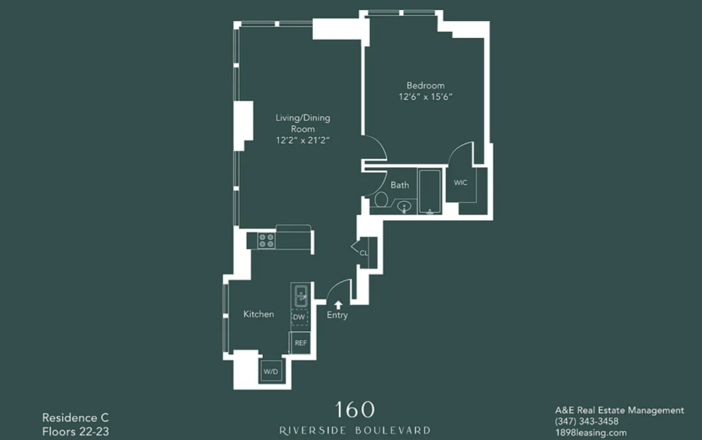 31C - 1 bedroom floorplan layout with 1 bathroom and 814 square feet (Floor 17)